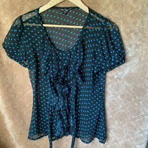 Vintage Maurices Sheer Polka Dot Ruffle Top Medium Blue & Black Short Sleeve